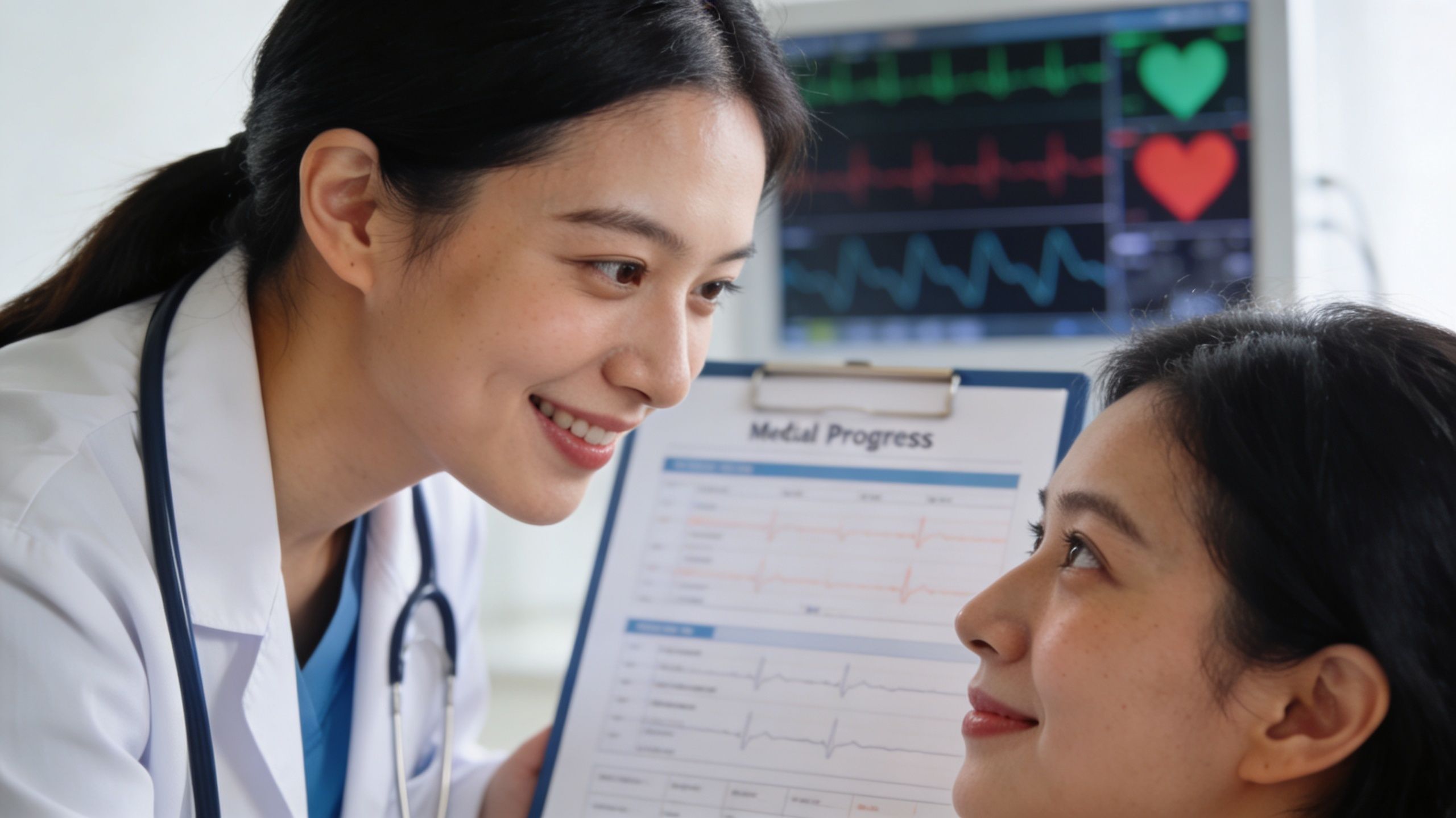 Nettoyer poumons fumeur : Notre protocole naturel 6 Une femme médecin souriante présente un rapport de progression médicale à sa patiente dans une chambre d'hôpital.