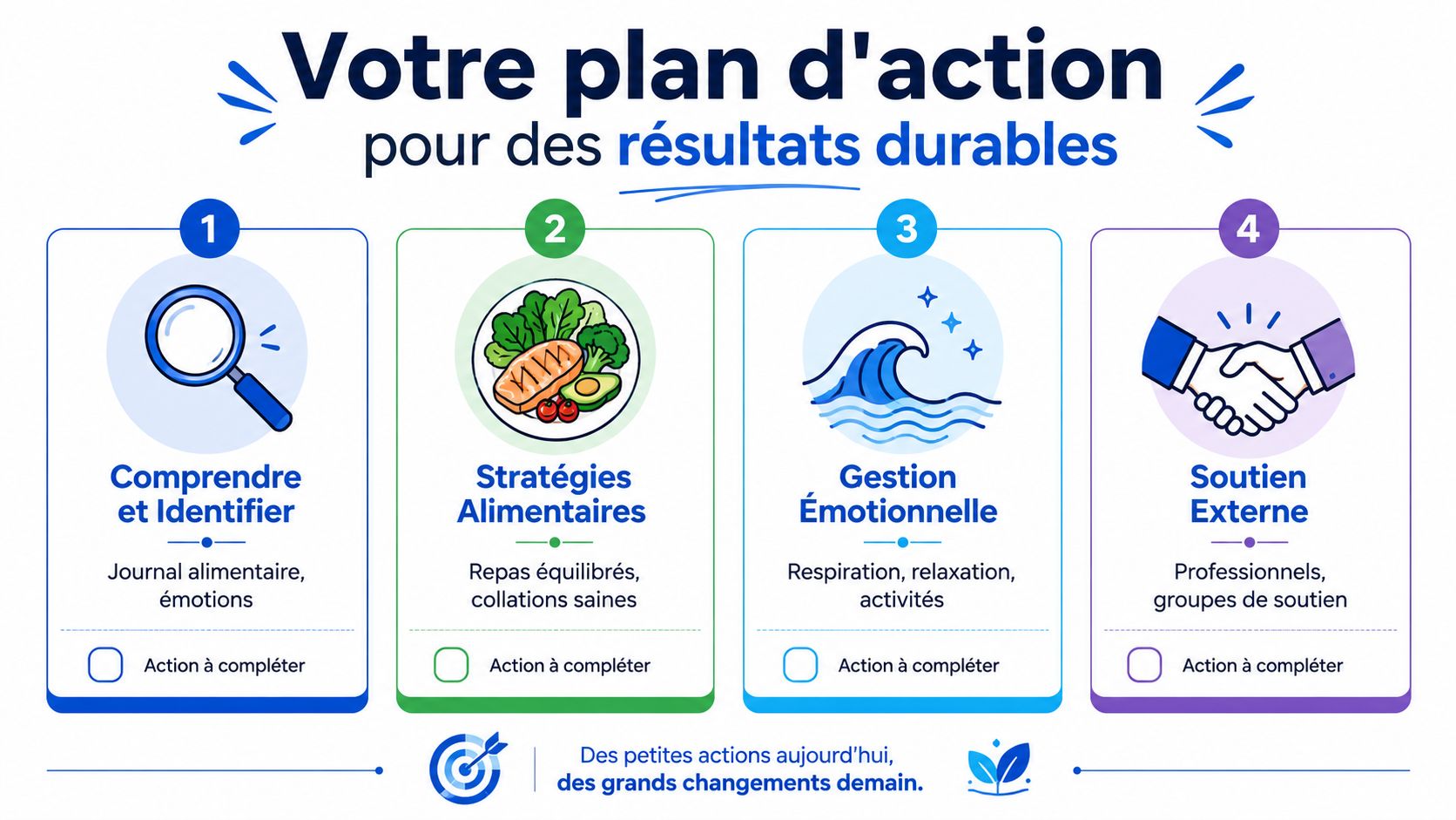 Une infographie en quatre étapes pour aider à mieux comprendre et gérer les habitudes alimentaires quotidiennes.