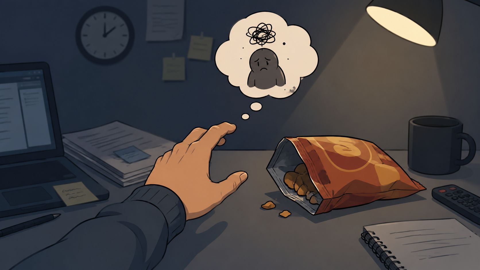Une main s'étendant vers un sachet de chips alors qu'une pensée triste exprime un stress émotionnel.