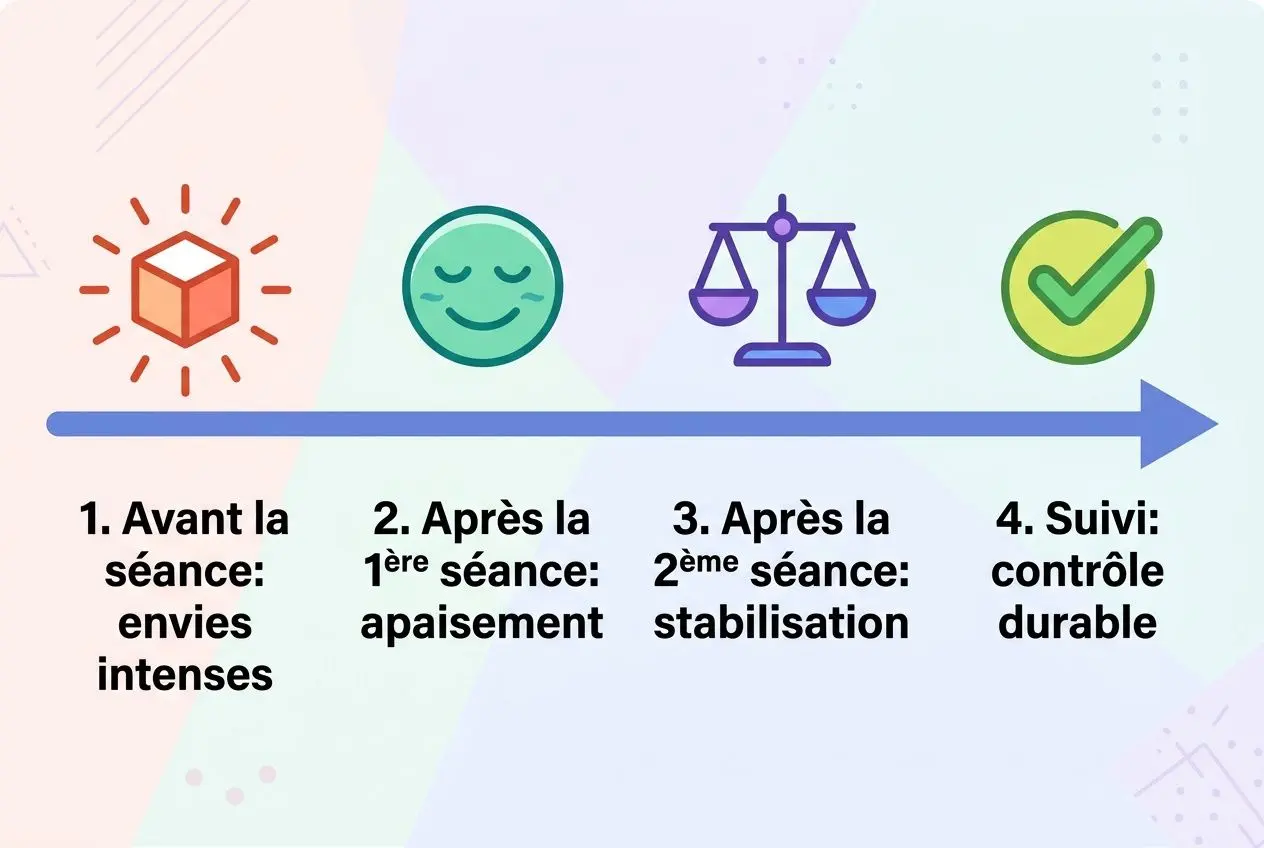 Diagramme illustrant le sevrage par auriculothérapie addiction au sucre: 4 étapes du processus laser et contrôle durable.
