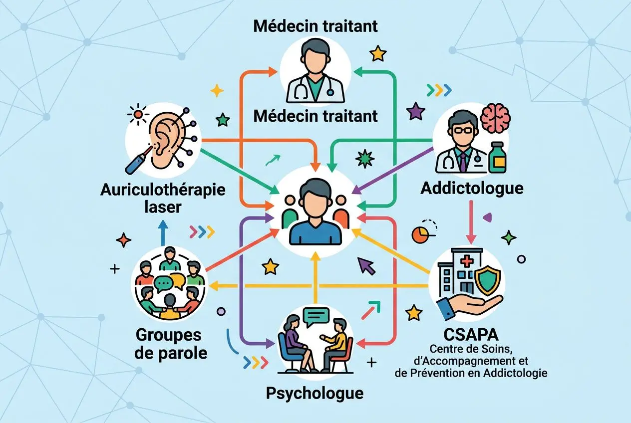 Diagramme médical montrant un réseau de professionnels et d’options pour l’arrêt de l’alcool, avec médecin traitant, addictologue et psychologue. Incorporation du parcours d’aide et de soutien.