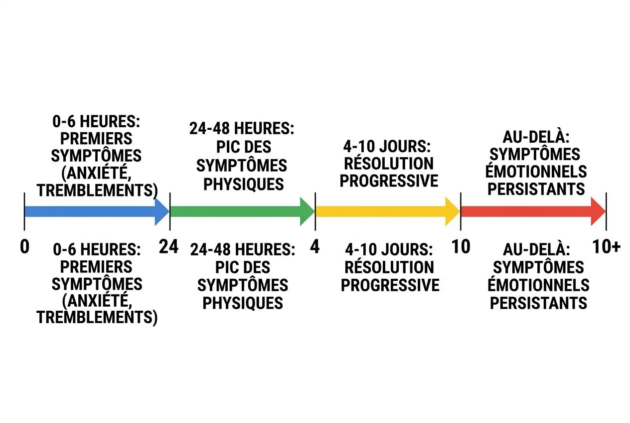 Diagramme montrant les étapes du sevrage: premiers symptômes à 0-6 heures, pic des symptômes physiques à 24-48 heures, résolution progressive à 4-10 jours, symptômes émotionnels persistant au-delà 10 jours. Intègre le sujet comment arrêter l'alcool.
