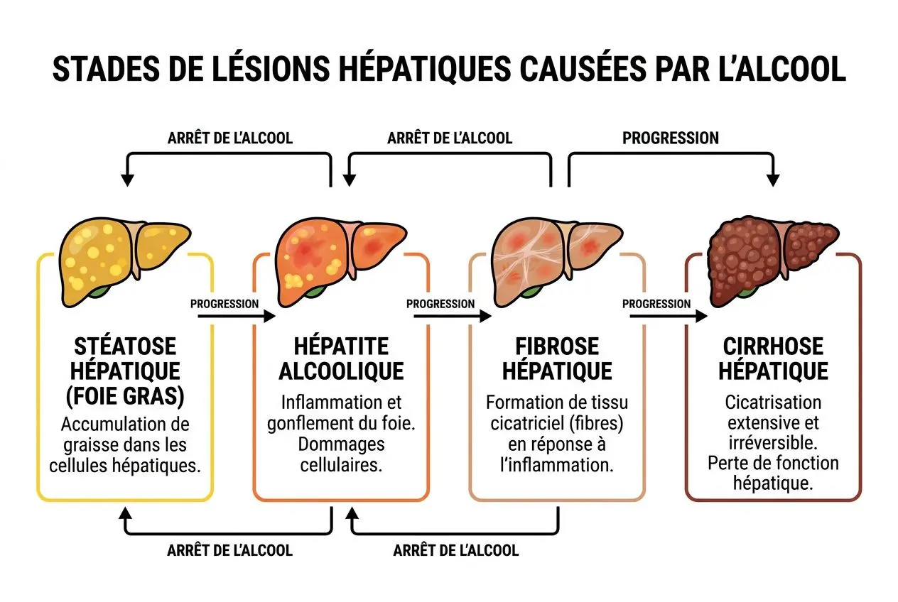 Diagramme montrant les stades des lésions hépatiques causées par l’alcool: stéatose hépatique, hépatite alcoolique, fibrose hépatique et cirrhose, avec flèches d’arrêt et progression. 15 jours sans alcool bienfaits intégrés.