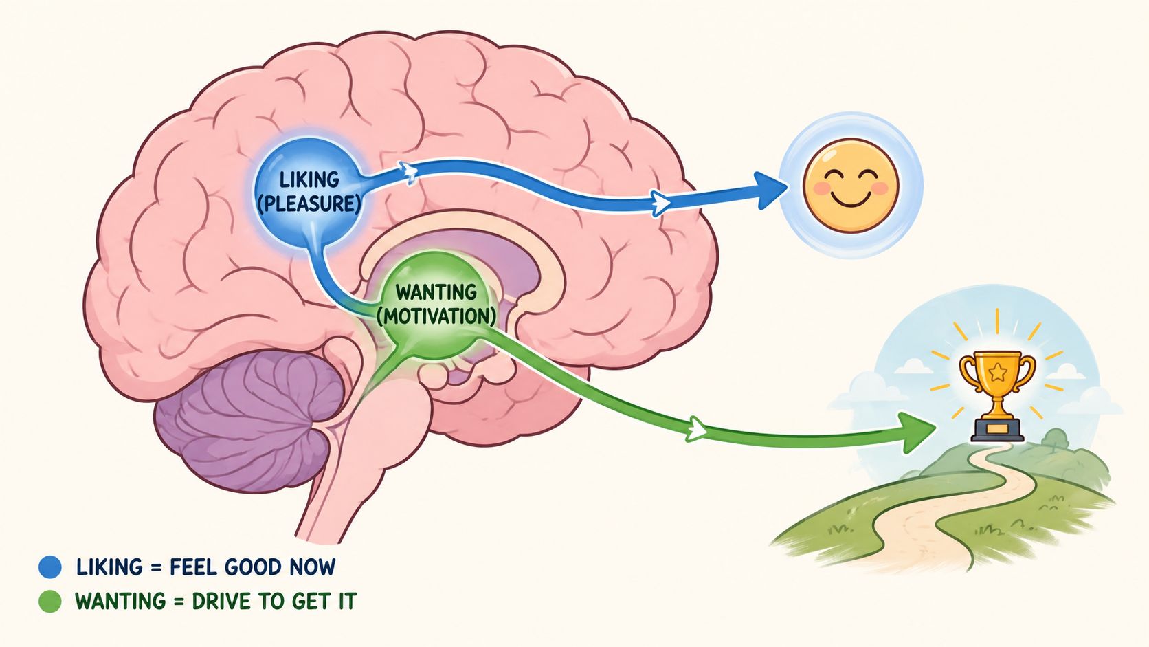 Un schéma illustrant les mécanismes cérébraux du plaisir et de la motivation à travers les concepts de désir.