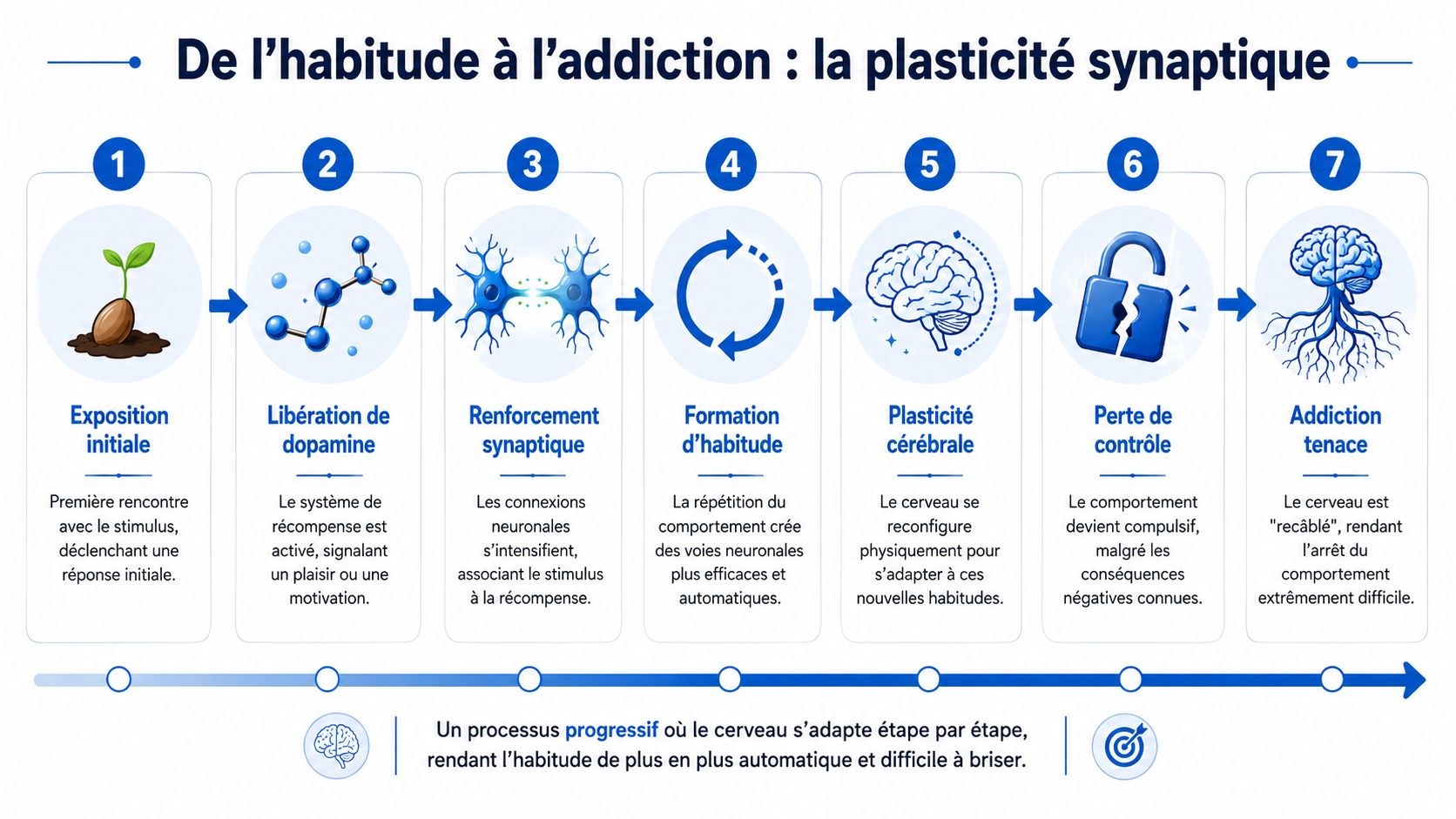 Schéma illustrant sept étapes progressives, de l'exposition initiale à l'addiction, expliquant la plasticité synaptique et cérébrale.