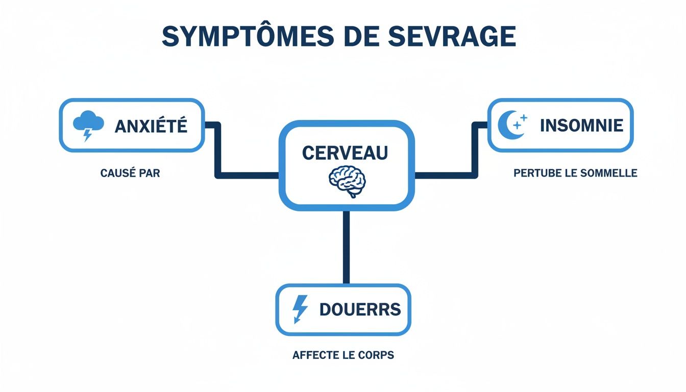 Diagramme illustrant les symptômes de sevrage : anxiété, insomnie et douleurs, tous liés au cerveau.