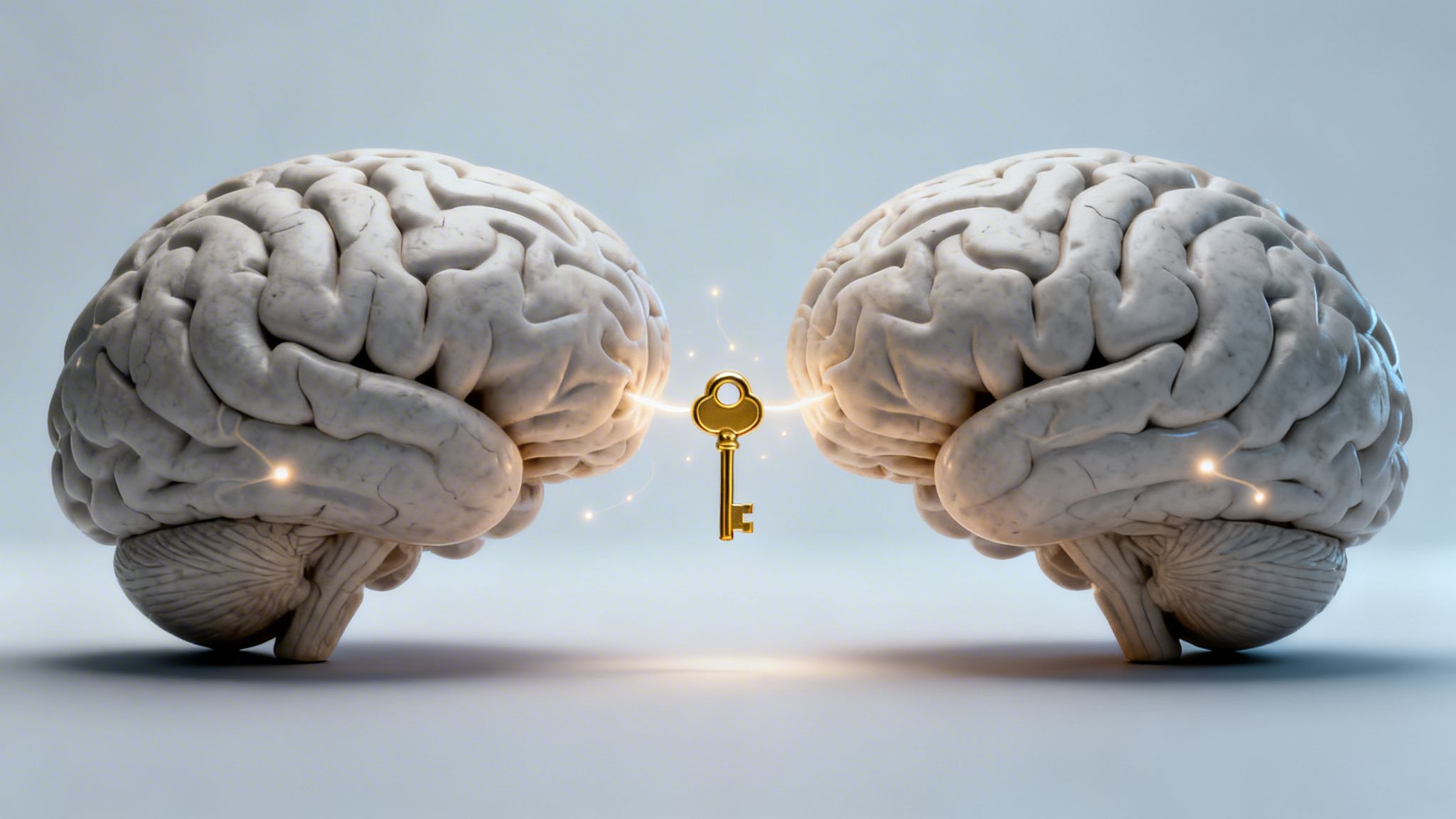 Deux cerveaux humains se font face, une clé dorée entre eux, symbolisant la connexion et la solution.