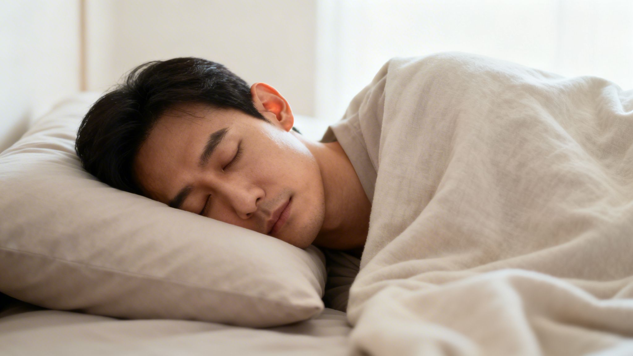 Un homme dort paisiblement sur un oreiller, couvert d'une couverture, dans un lit.