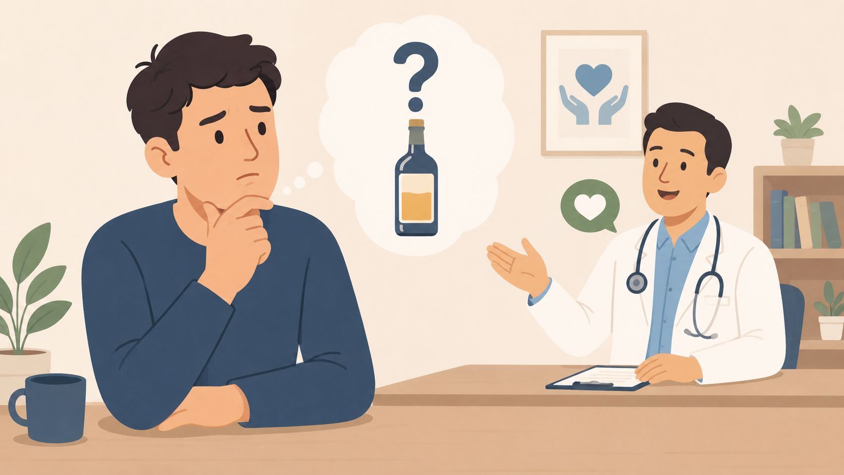 Un patient en consultation médicale discutant avec son médecin du sevrage alcoolique et de la sobriété.