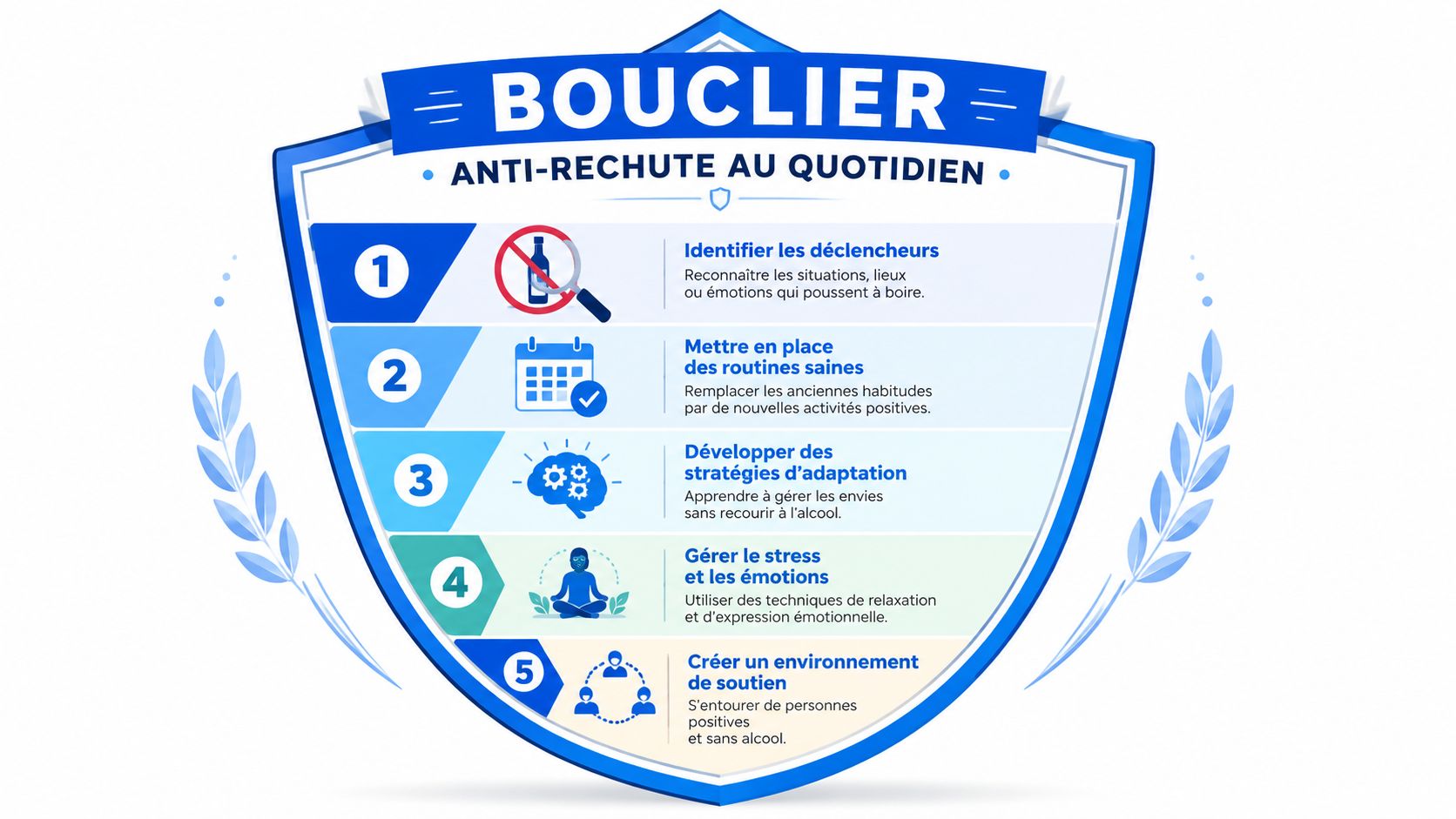 Un graphique en forme de bouclier présentant cinq étapes clés pour éviter les rechutes d'alcool au quotidien.