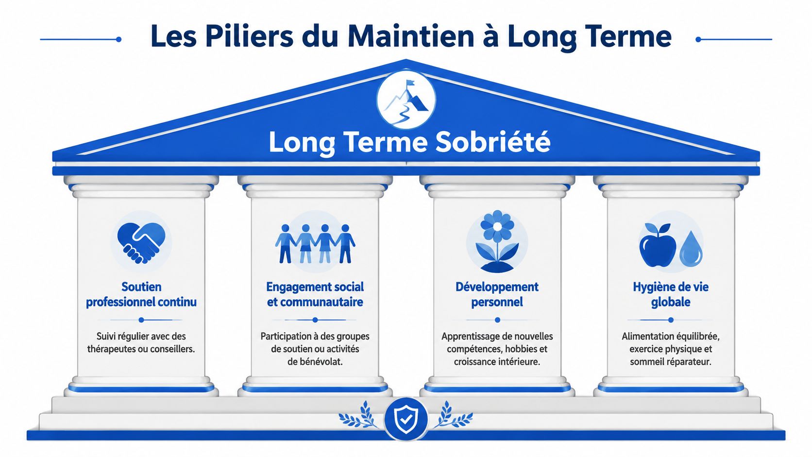 Un graphique illustrant les quatre piliers fondamentaux pour maintenir une sobriété à long terme avec succès.