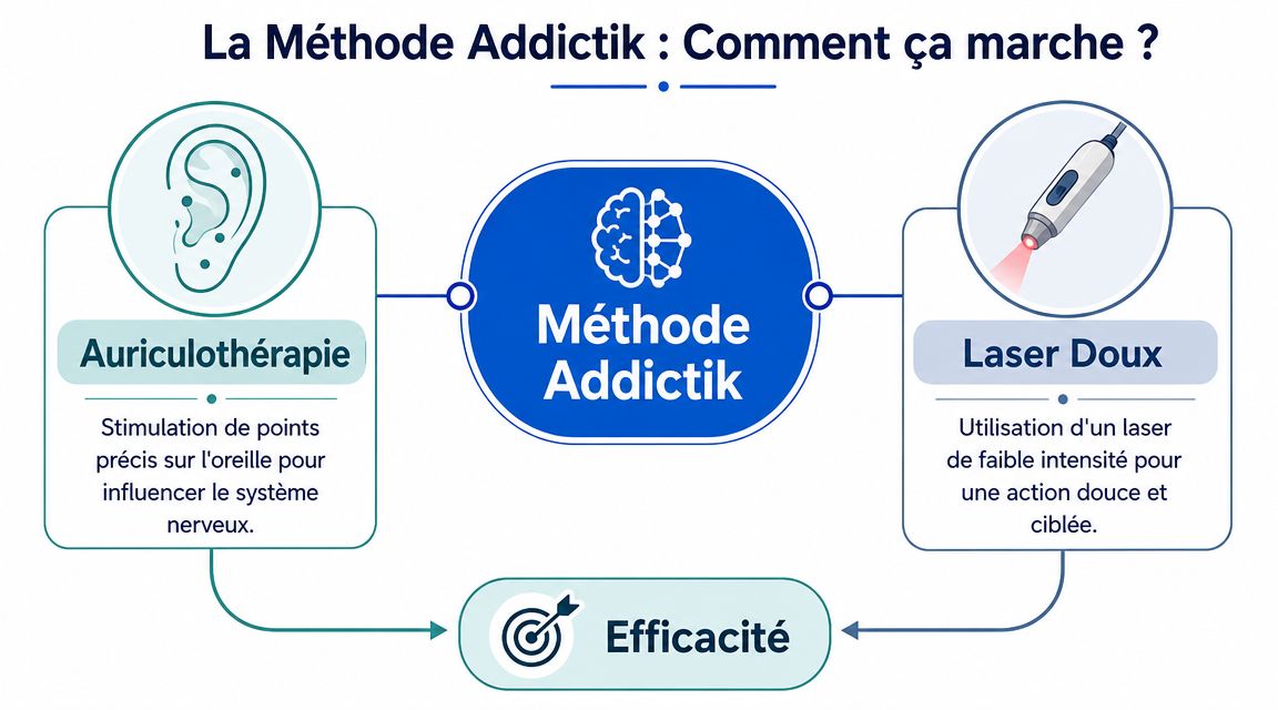Schéma explicatif de la Méthode Addictik combinant l'auriculothérapie par laser doux pour améliorer l'efficacité du traitement.
