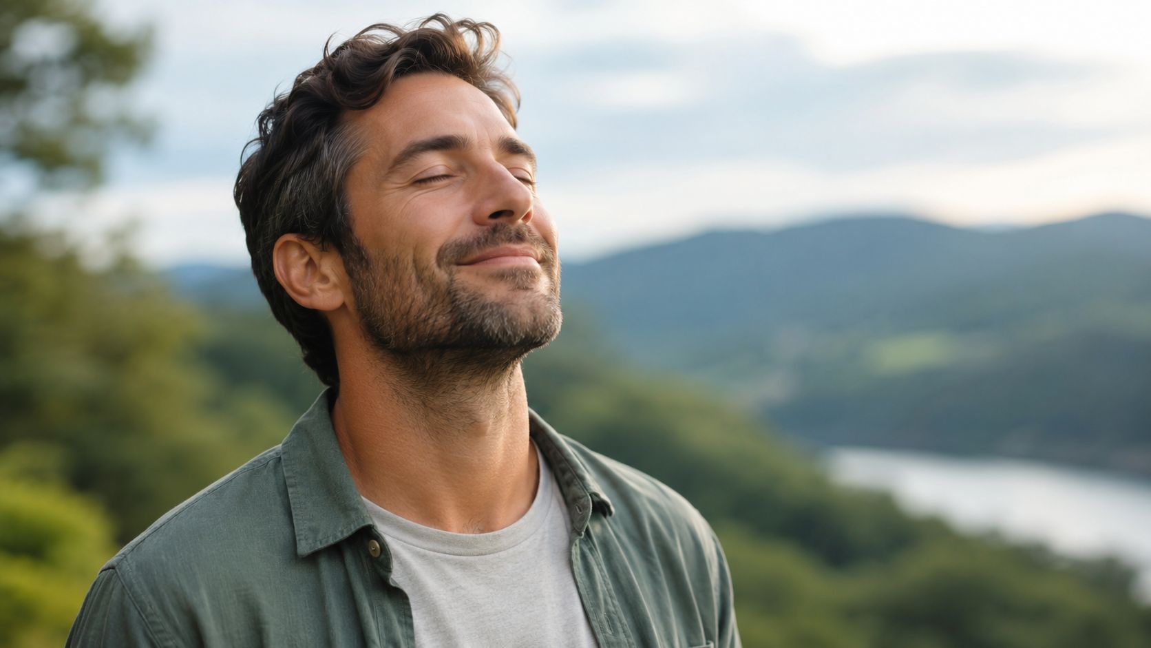 Un homme souriant et détendu profite de l'air frais avec les yeux fermés devant un paysage naturel.