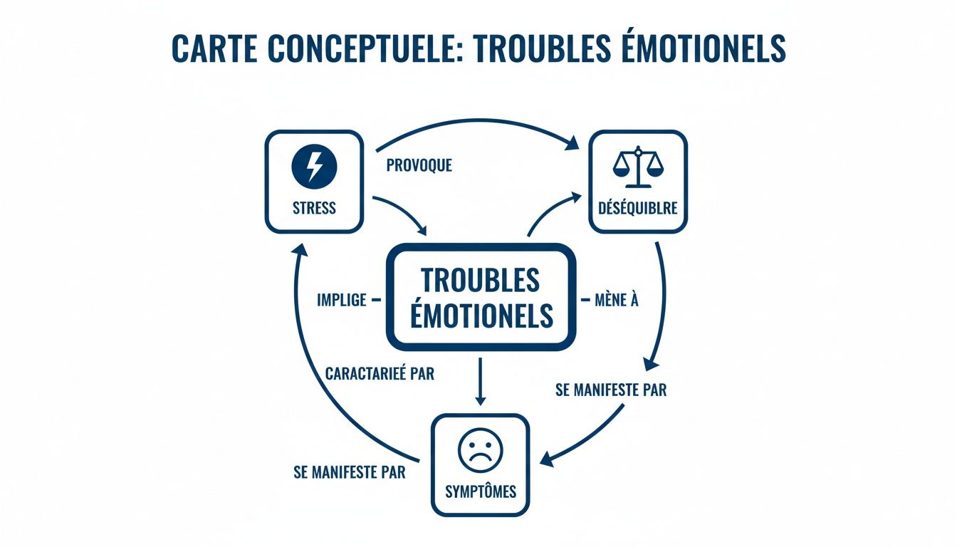 Carte conceptuelle illustrant la relation circulaire entre le stress, le déséquilibre, les troubles émotionnels et leurs symptômes.