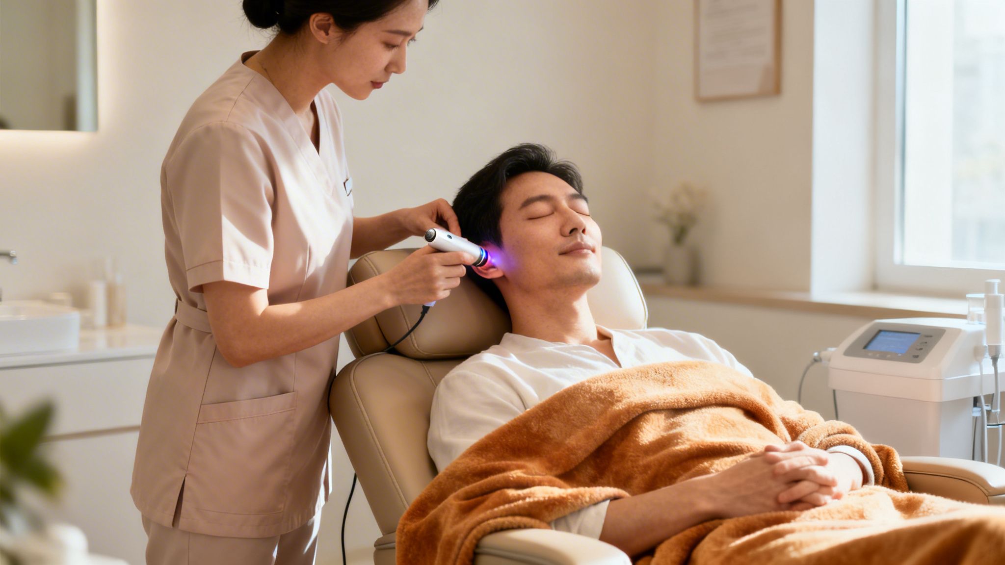 Une femme thérapeute applique un appareil lumineux à l'oreille d'un homme qui se détend en recevant un traitement.