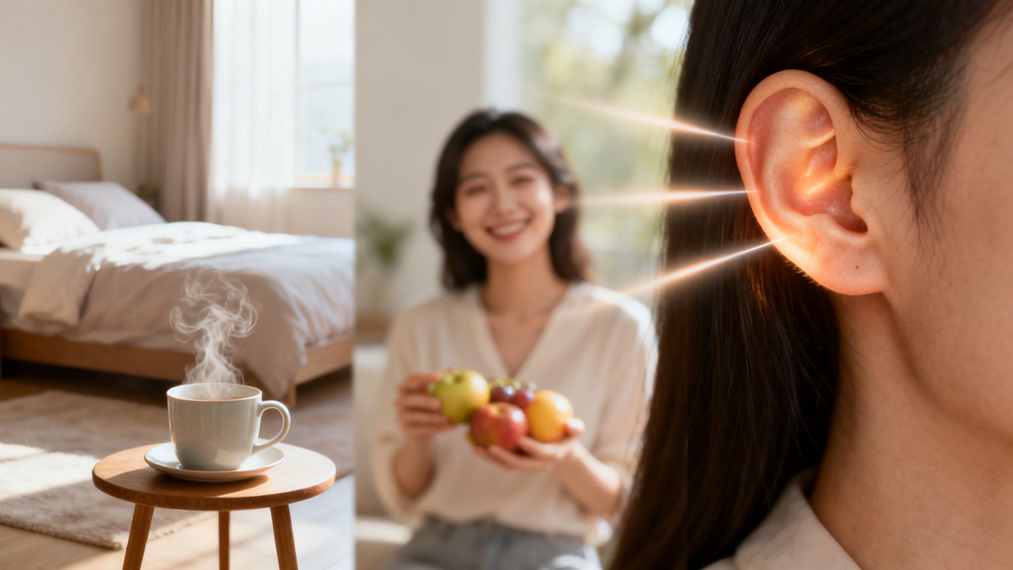 Une composition visuelle représentant les sens: café chaud, fruits frais et une oreille avec des rayons lumineux symbolisant l'auriculothérapie.