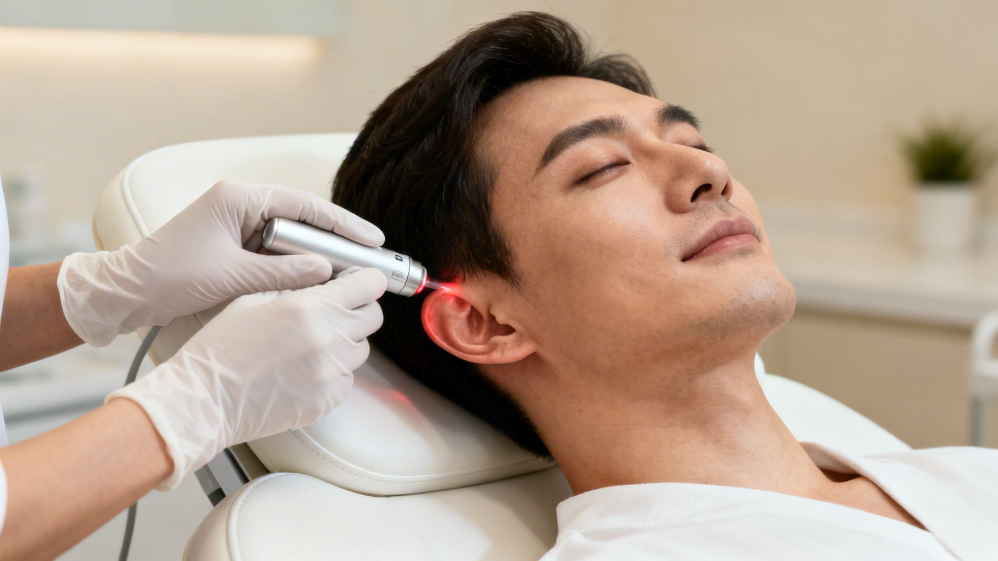 Un homme asiatique détendu reçoit un traitement esthétique au laser sur son oreille, dispensé par un praticien ganté.