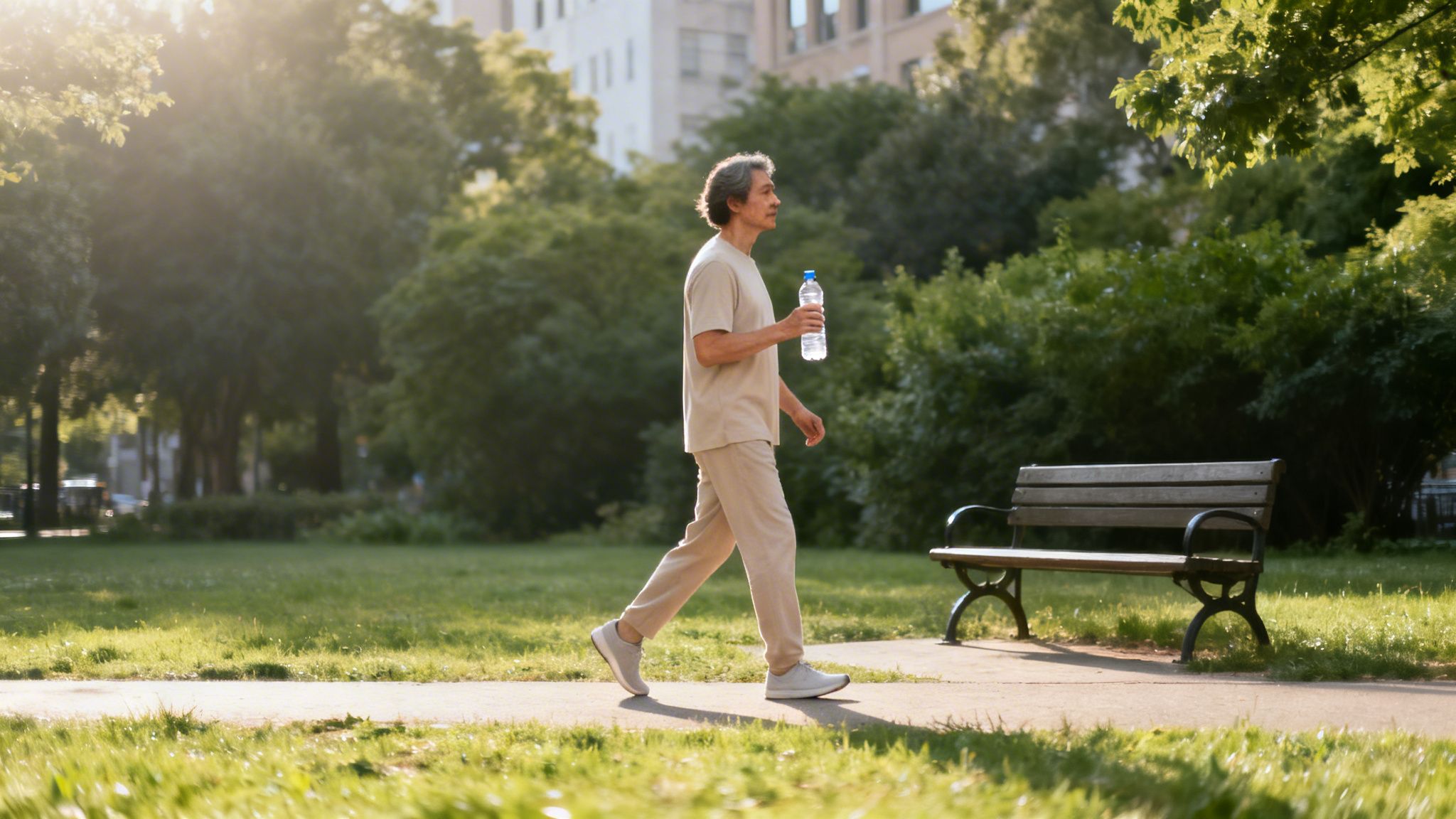 Un homme d'âge mûr marche tranquillement dans un parc ensoleillé, tenant une bouteille d'eau à la main.