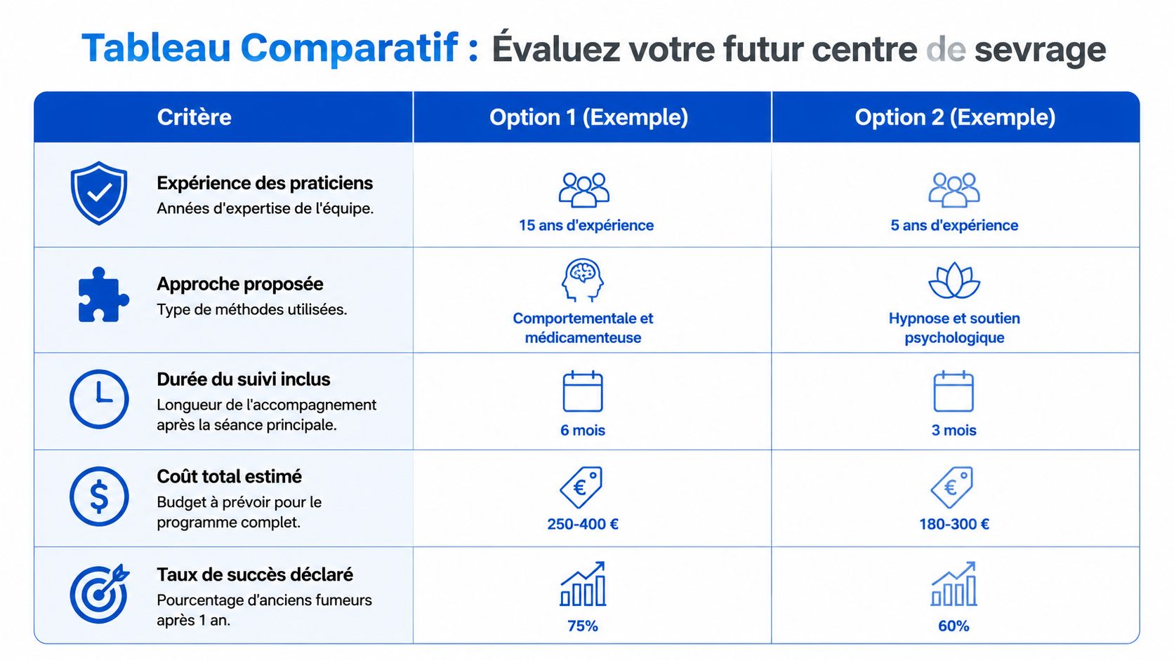 Tableau comparatif pour évaluer deux options de centres de sevrage tabagique avec différents critères de qualité.