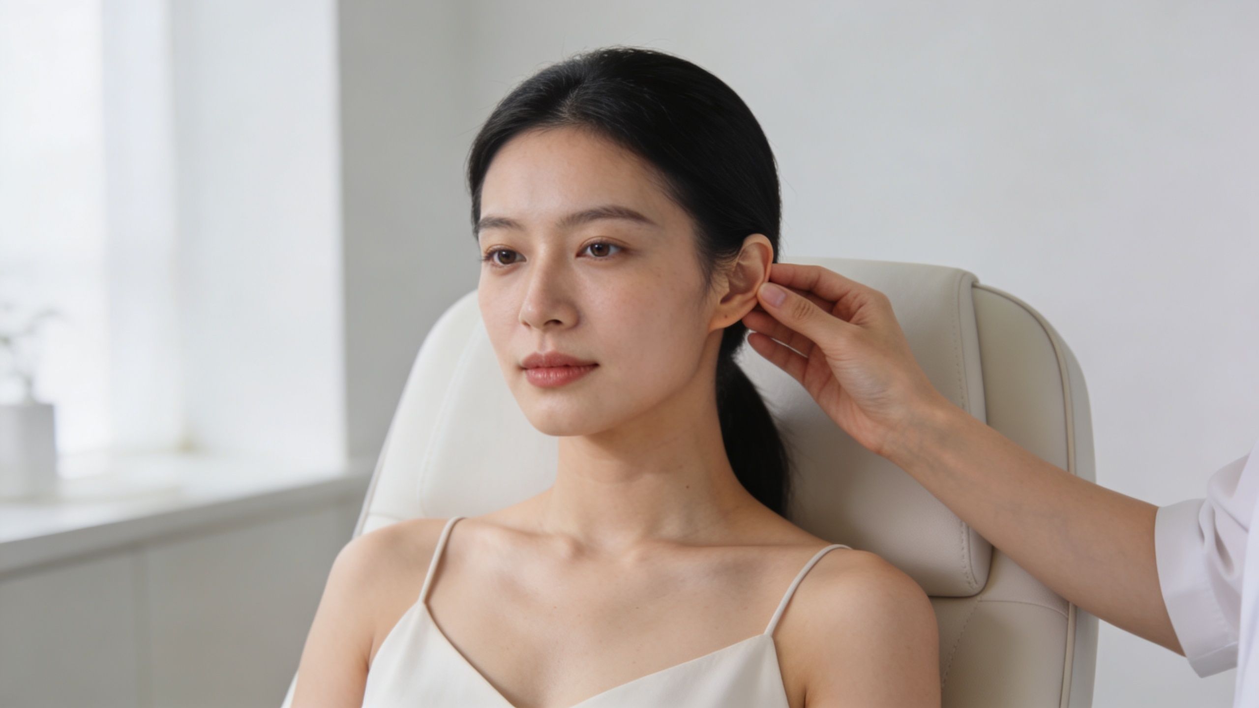 Une patiente assise dans un fauteuil recevant un traitement par acupuncture auriculaire pour son bien-être général.