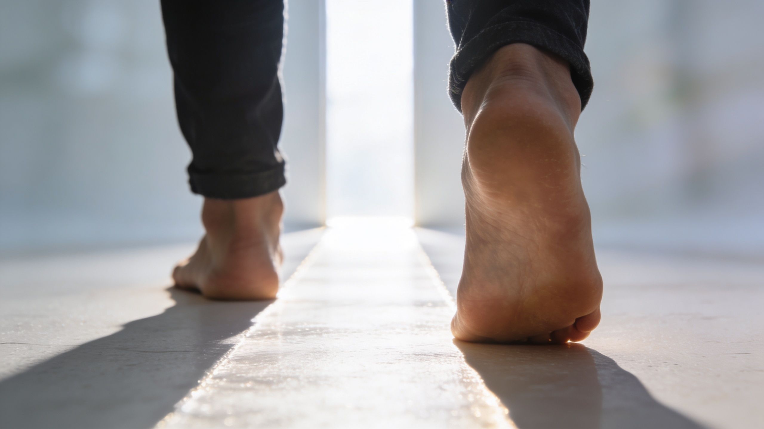 Une personne marchant pieds nus vers une lumière brillante dans un couloir symbolisant un nouveau départ.