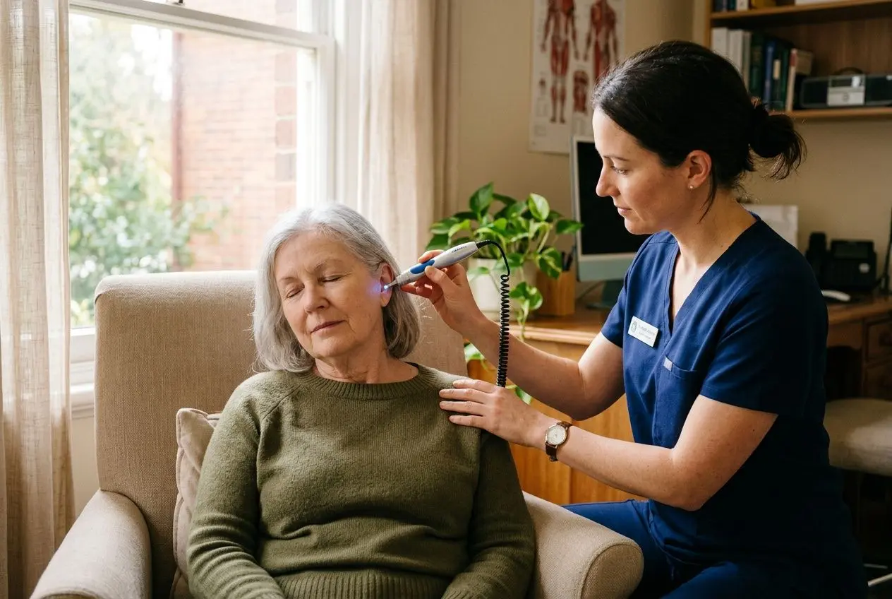 Femme âgée assise sur un fauteuil, une praticienne en chemise bleu pratique l’auriculothérapie laser sur son oreille dans un cabinet domestique.