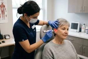 Auriculothérapie et addiction : arrêter de fumer et plus encore 29 Femme âgée en fauteuil chez le médecin, pendant une séance d’auriculothérapie laser par une praticienne portant masque et gants.