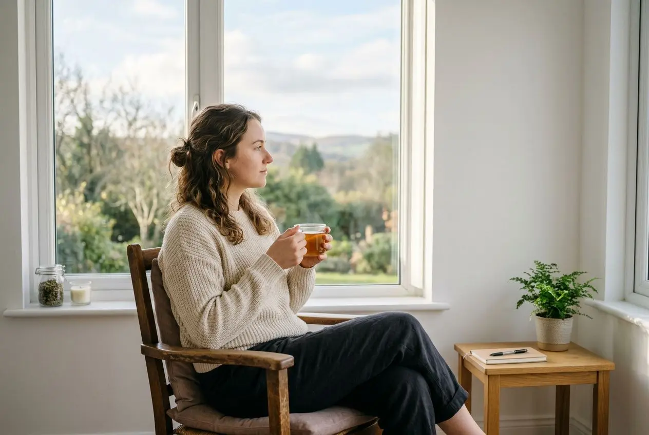 Arrêter le cannabis après 20 ans : guide du sevrage cannabique 3 Femme assise près d'une fenêtre, tenant une tasse et respirant calmement, évoquant un moment de réflexion sur l'arrêt du cannabis après 20 ans.