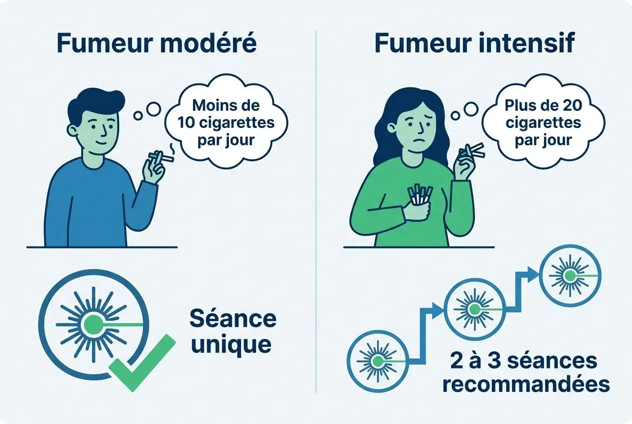 Fumée modérée et fumée intensive avec personnes pensives; symbole « Séance unique » et flèche lumineuse, image sur le thème du sevrage tabac en une séance via laser.