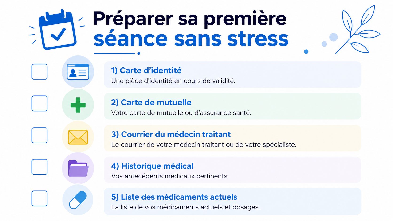 Une liste de contrôle illustrée montrant les documents nécessaires pour préparer une première séance médicale sans stress.