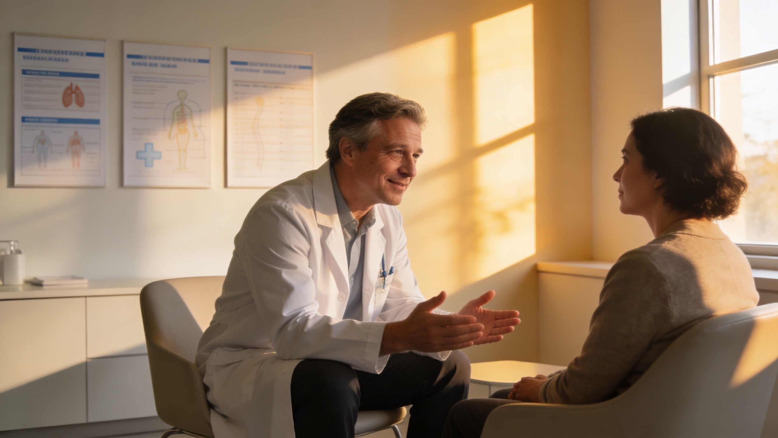 Un médecin bienveillant discute avec une patiente lors d'une consultation médicale dans un cabinet lumineux et apaisant.