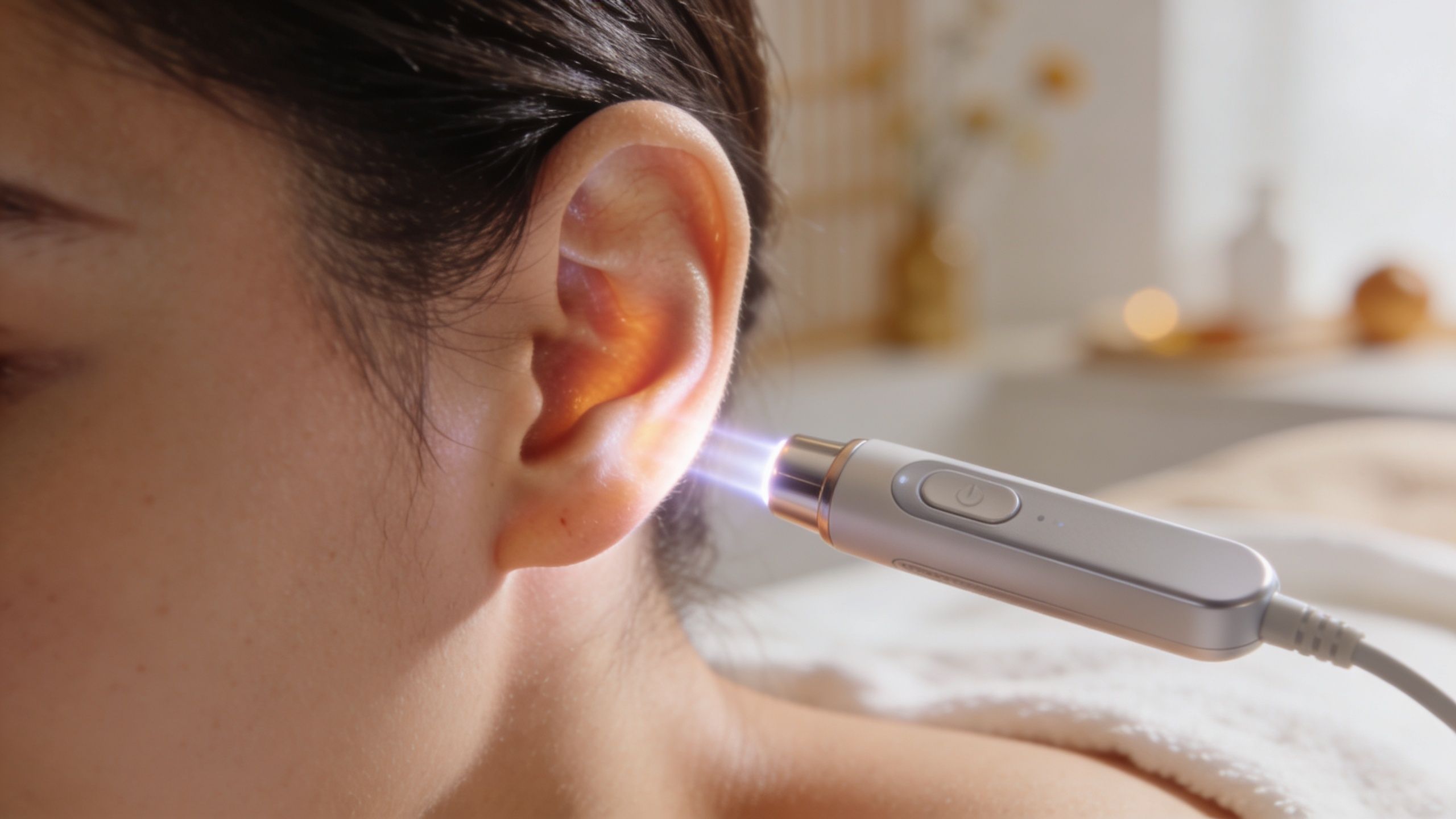 Une personne recevant un traitement par luminothérapie sur l'oreille avec un dispositif portable spécialisé en clinique.