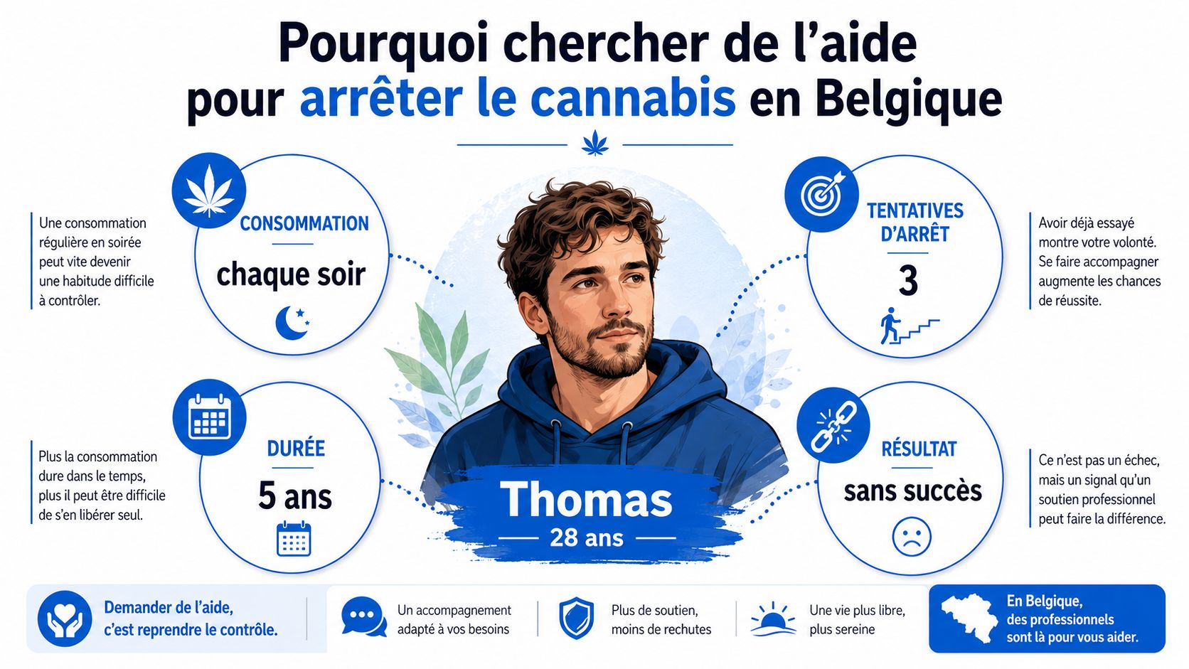 Infographie illustrant le parcours de Thomas, 28 ans, pour arrêter de consommer du cannabis en Belgique.