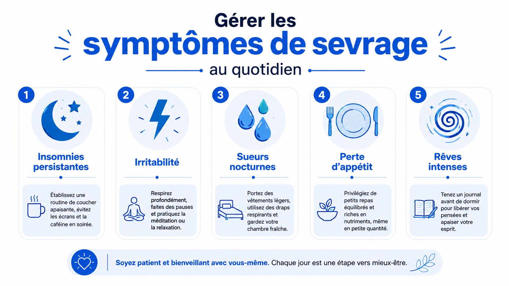 Infographie illustrant cinq conseils pratiques pour gérer les symptômes de sevrage au quotidien avec bienveillance.