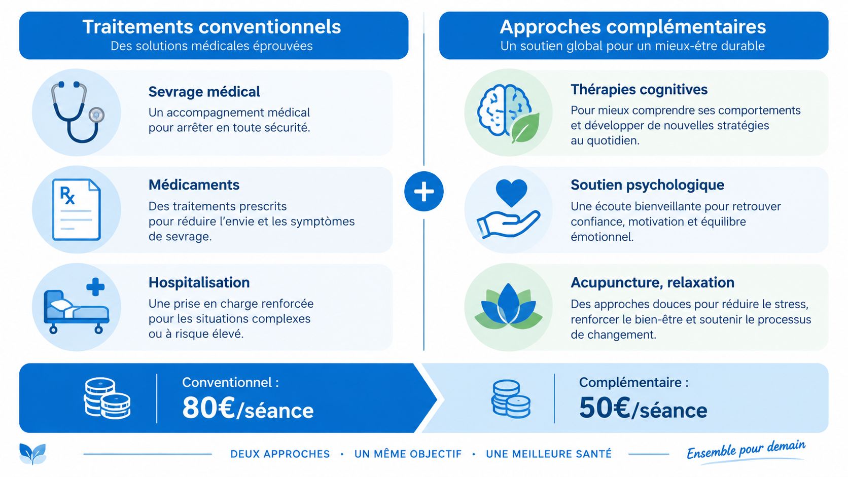 Infographie comparant les traitements conventionnels et les approches complémentaires pour un sevrage addictologique efficace.