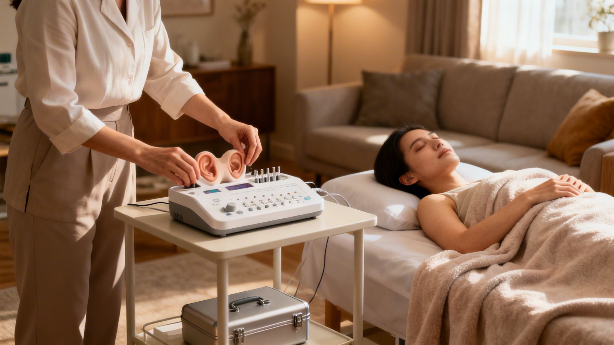 Praticien préparant un appareil d'auriculothérapie pour une patiente détendue, illustrant une consultation de bien-être à domicile.