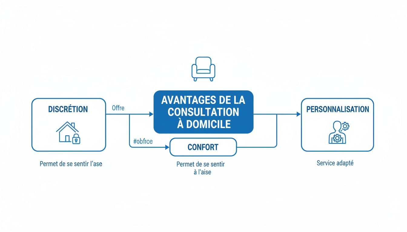 Diagramme illustrant les avantages de la consultation à domicile : discrétion, confort et personnalisation du service.