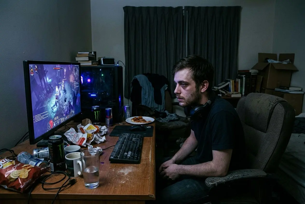 Homme seul devant un écran de jeux vidéo, assis à une desk délabrée avec snacks et boisson, ambiance sombre. addiction jeux vidéo, signes et solutions.