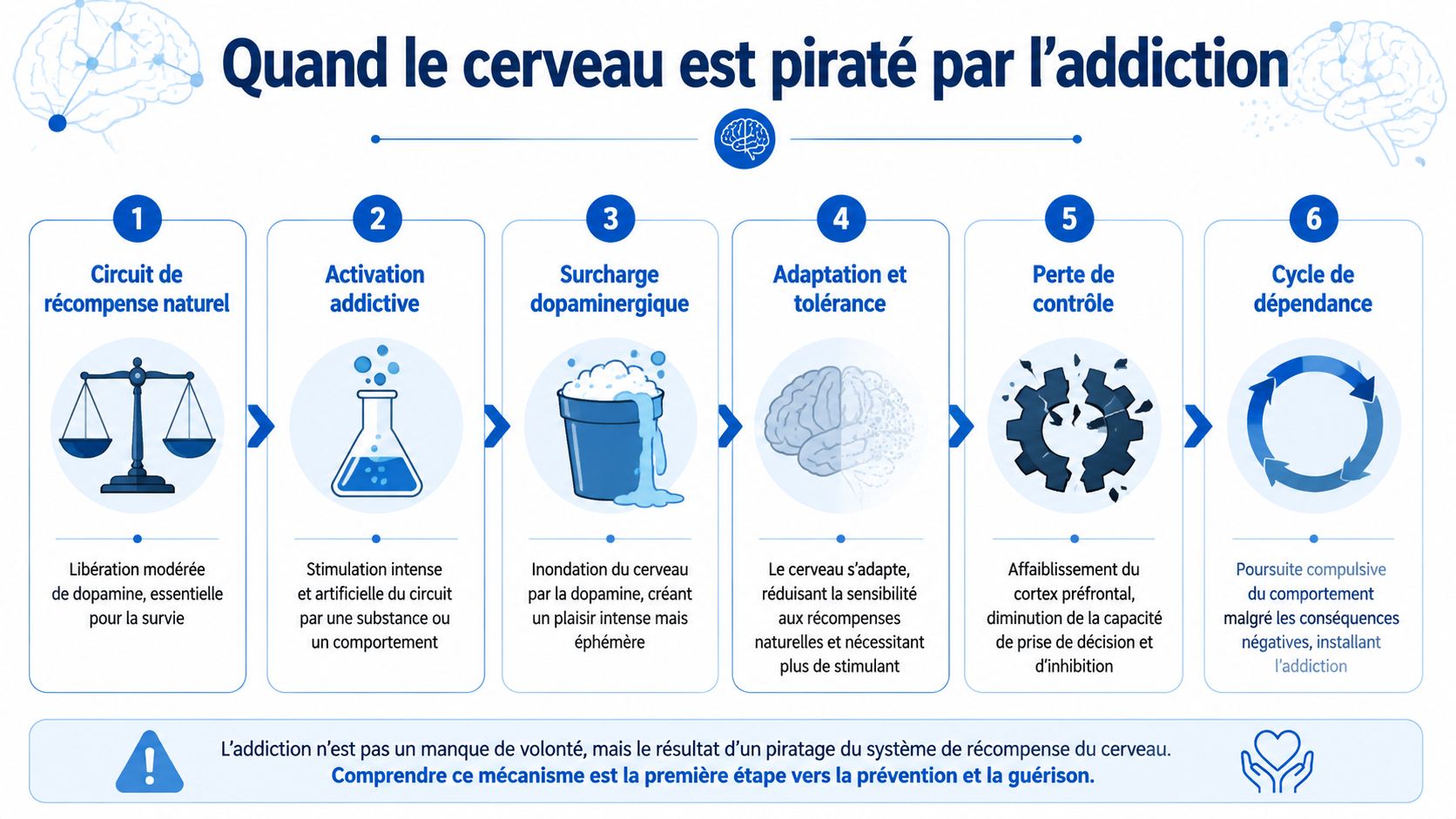 Infographie illustrant le mécanisme neurobiologique de l'addiction, expliquant comment le cerveau est piraté étape par étape.
