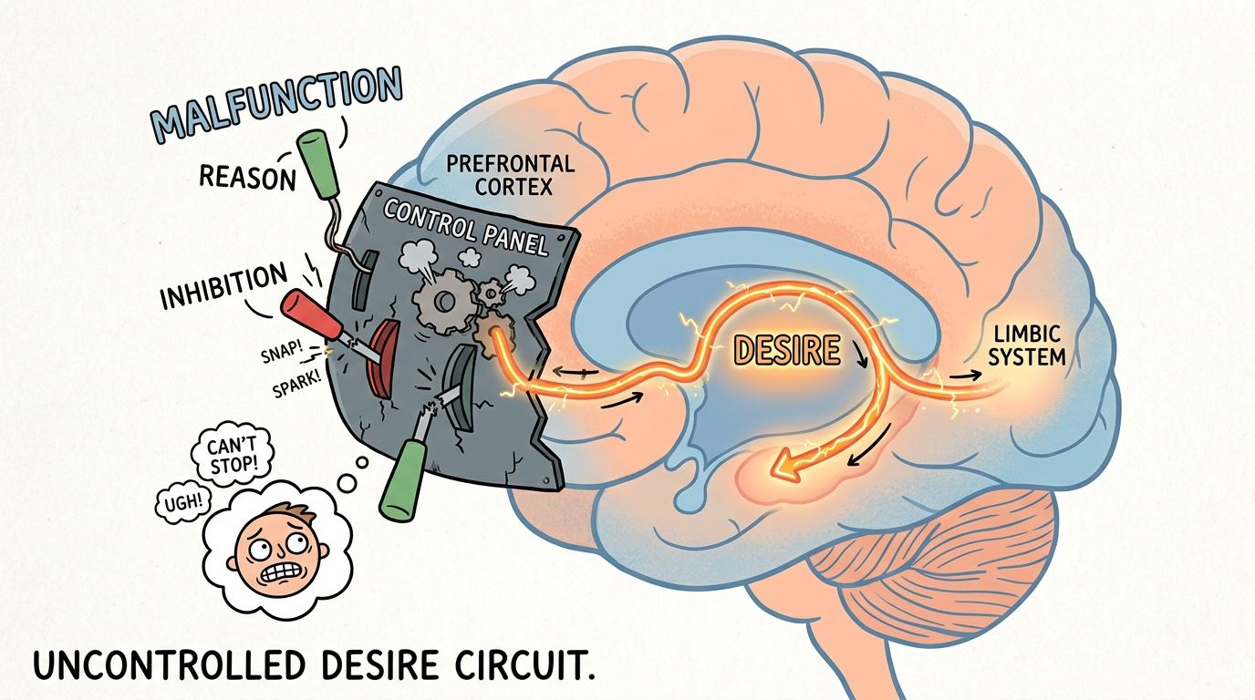 Illustration du cerveau montrant un circuit de désir incontrôlé, le cortex préfrontal et le système limbique défaillants.