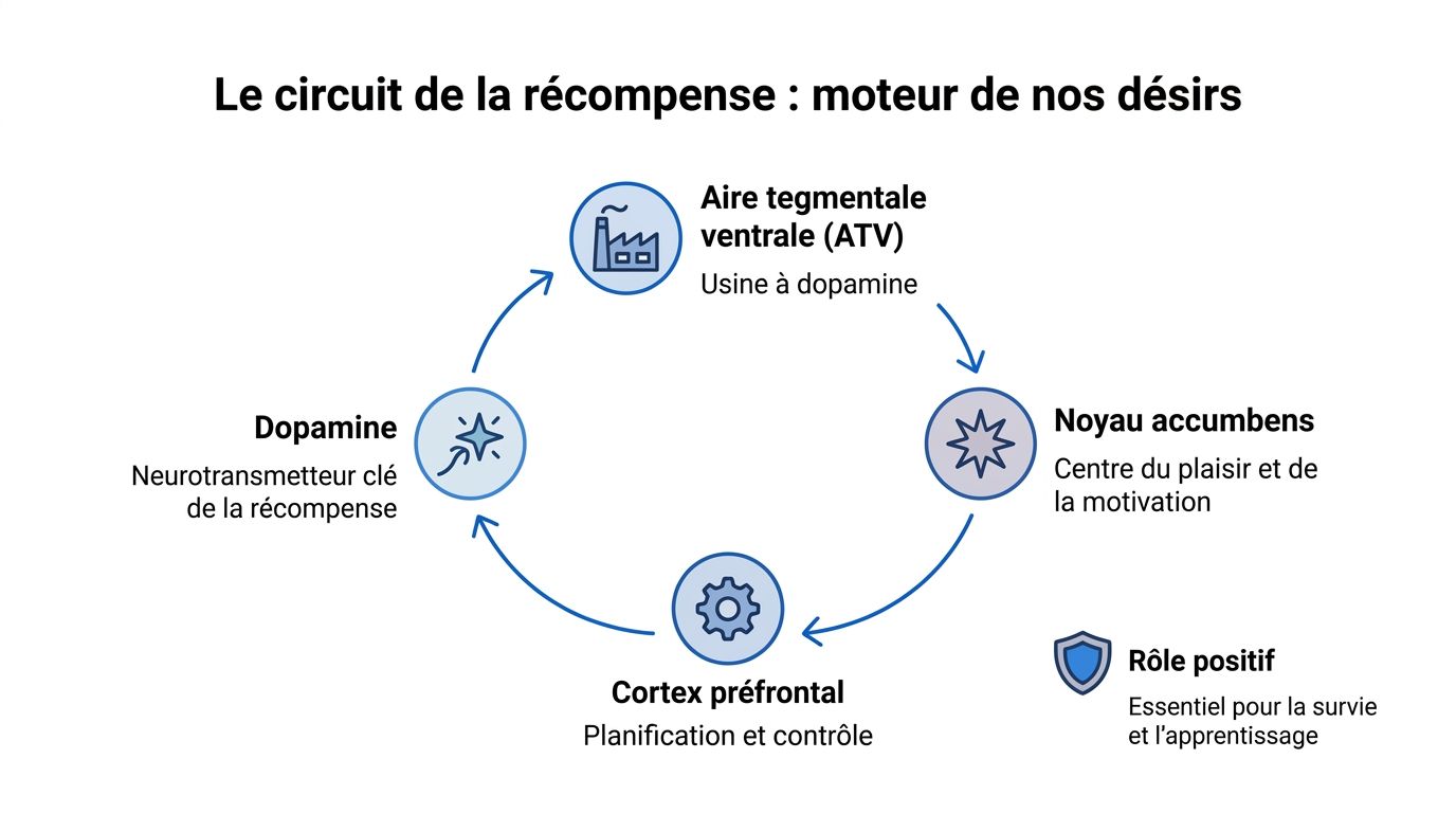 Schéma illustrant le circuit de la récompense dans le cerveau humain, incluant l'ATV, le noyau accumbens et le cortex préfrontal.