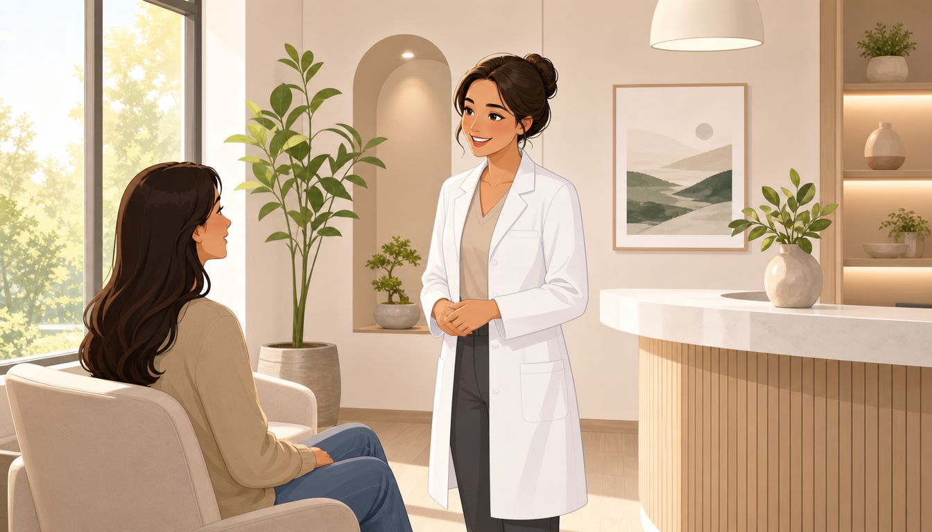 Une praticienne souriante en blouse blanche accueille une patiente assise confortablement dans une clinique moderne et lumineuse.