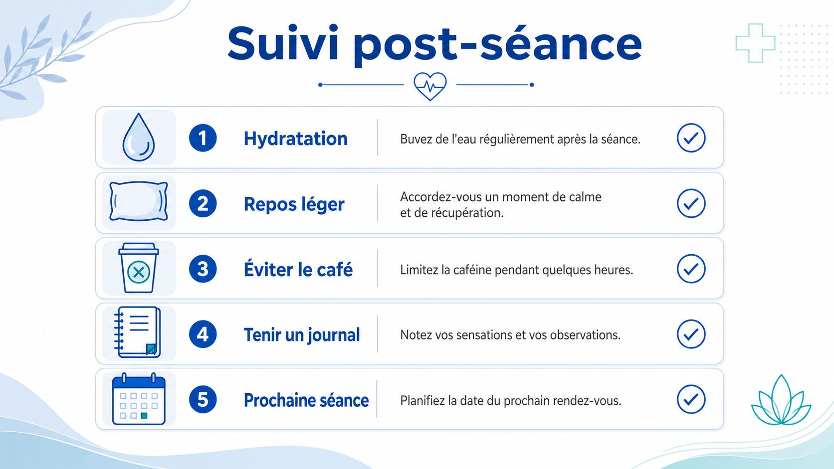Comment se passe une séance d’auriculothérapie laser ? 4 Une infographie sur les recommandations de suivi post-séance, incluant hydratation, repos, évitement du café, journal et planification.