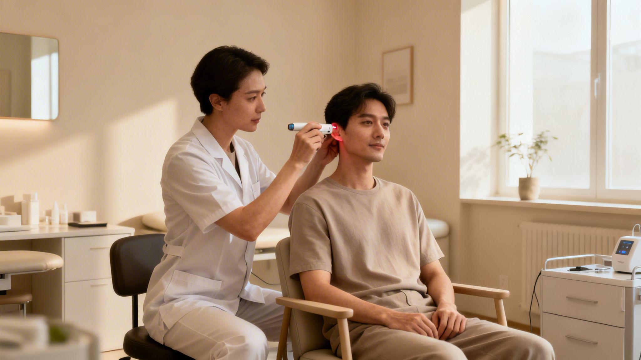 Une professionnelle de la santé examine l'oreille d'un patient avec un appareil à lumière rouge.