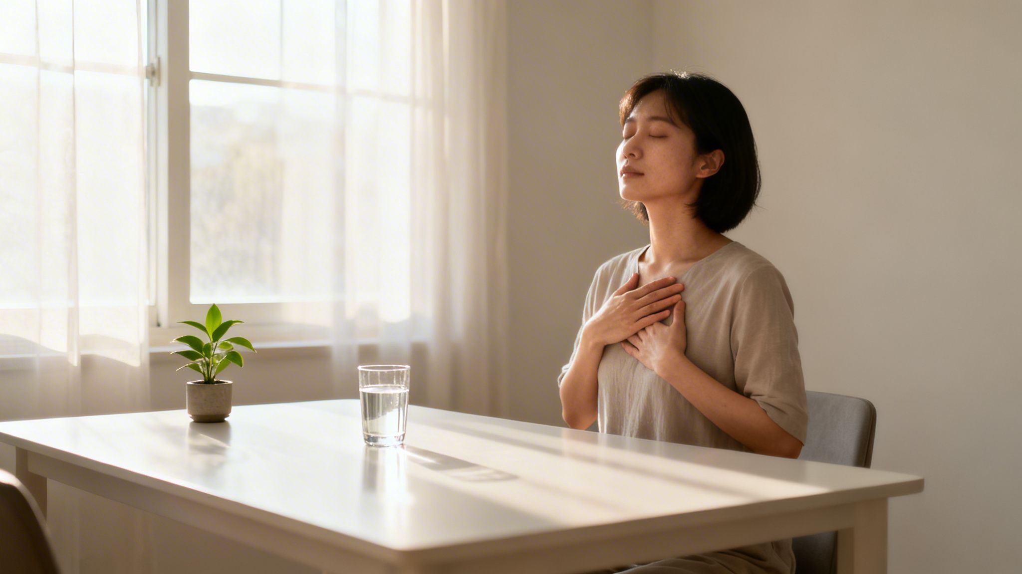 Femme méditant paisiblement les yeux fermés, mains sur la poitrine, près d'une fenêtre ensoleillée.
