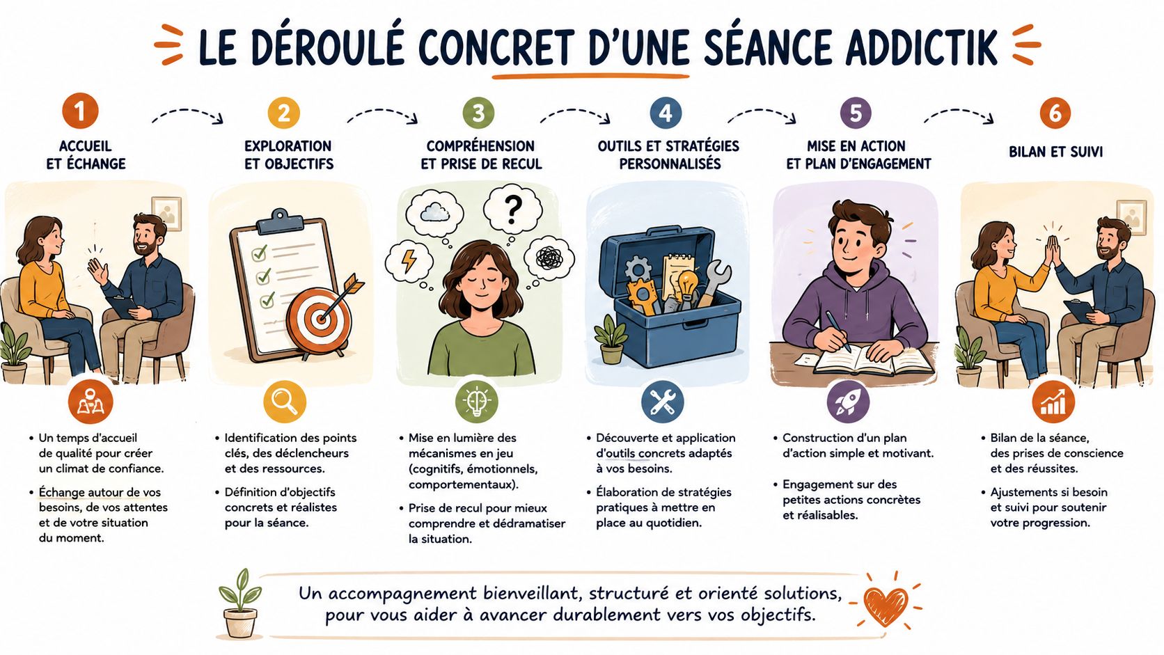Infographie illustrant les six étapes structurées d'une séance de coaching ou d'accompagnement thérapeutique pour atteindre ses objectifs.