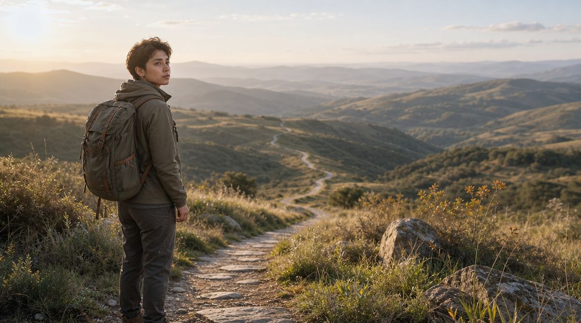 Une jeune femme avec un sac à dos regarde le paysage montagneux sur un sentier de randonnée.