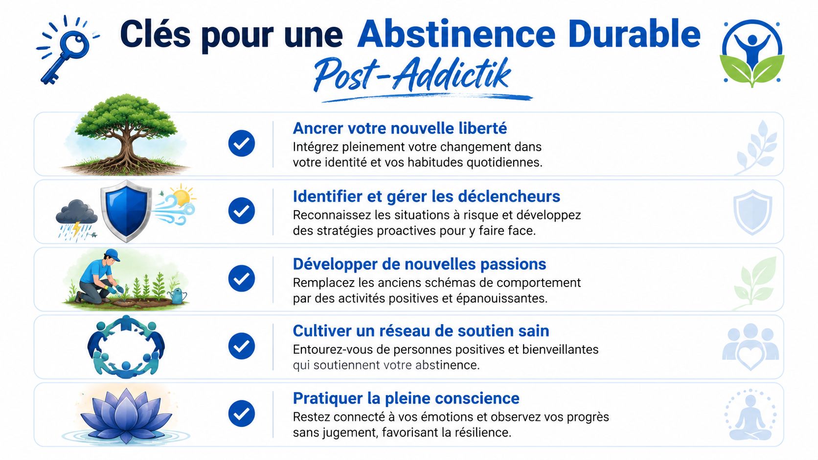 Infographie illustrant cinq conseils essentiels pour maintenir une abstinence durable après une addiction avec des icônes explicatives.