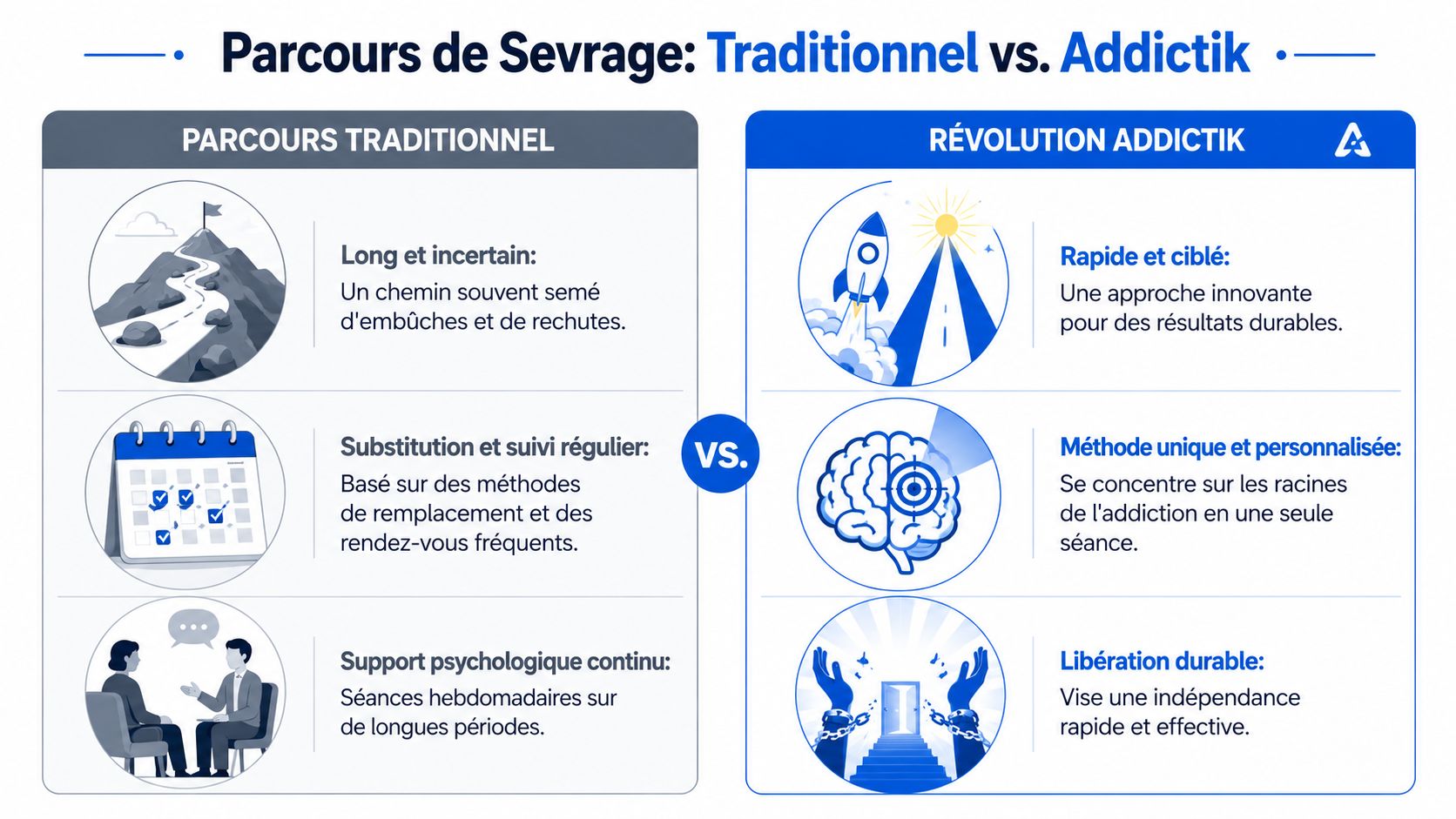 Comparaison entre le parcours de sevrage traditionnel et la méthode Addictik pour arrêter une addiction durablement.