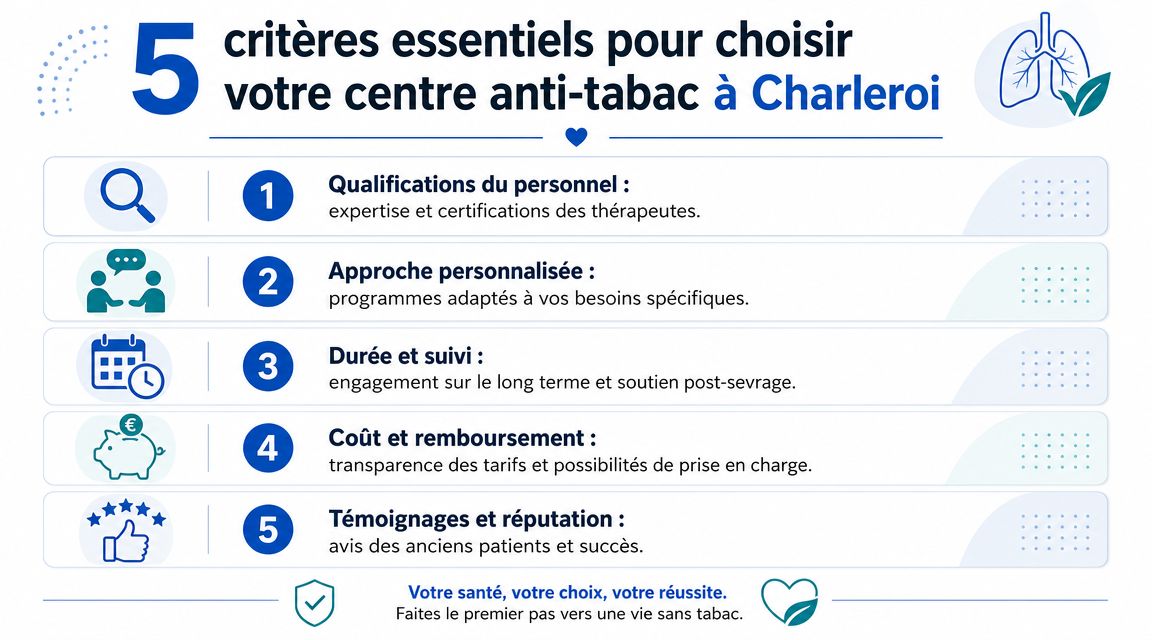 Infographie illustrant cinq critères essentiels pour choisir efficacement un centre anti-tabac dans la ville de Charleroi.